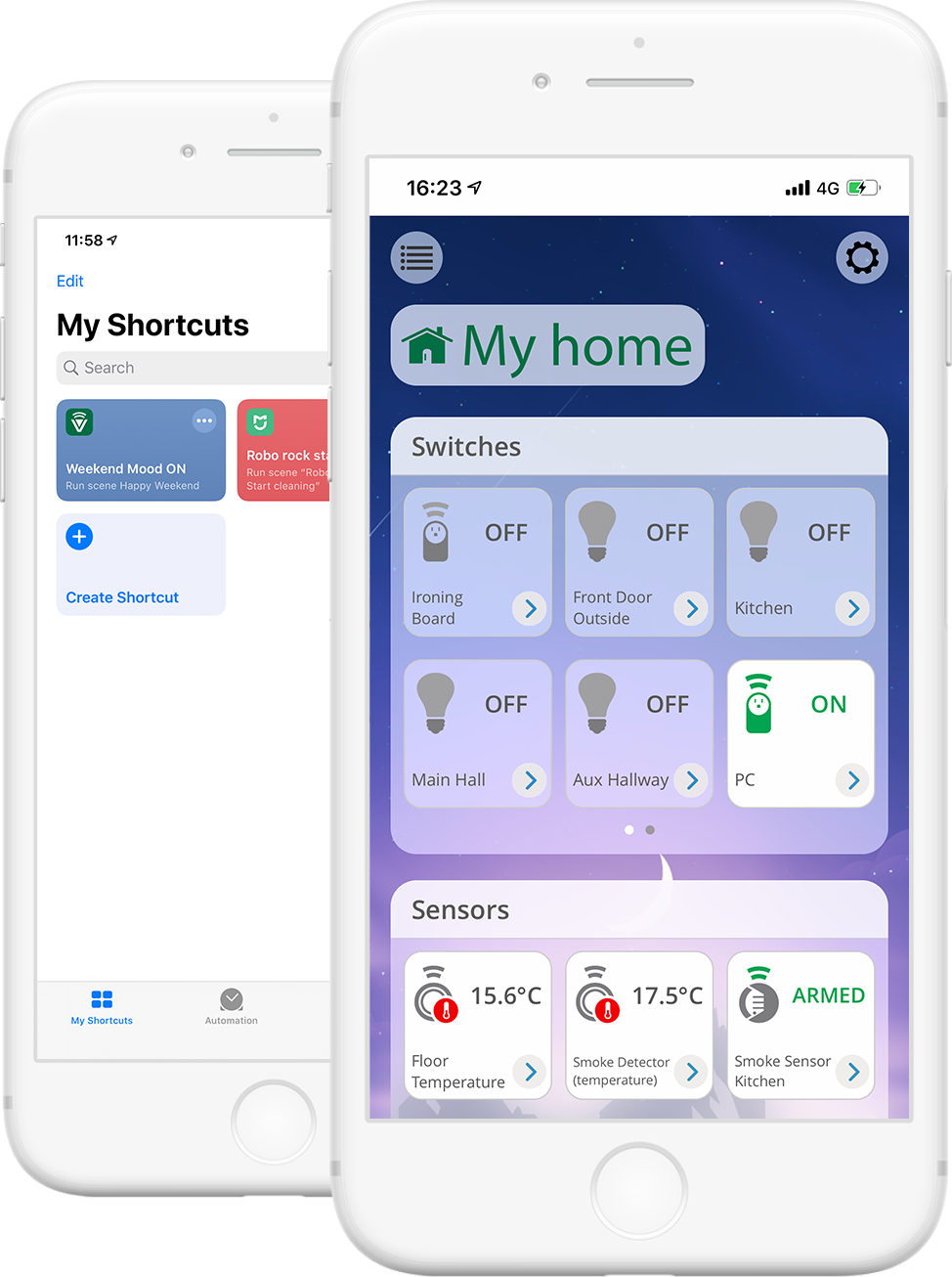 Vera App Screenshot: One screen shows 'My Shortcuts' and another shows Home Screen. 5 Switches are Off and 1 is On. 2 temperature sensors are Off and 1 Smoke Sensor is On.