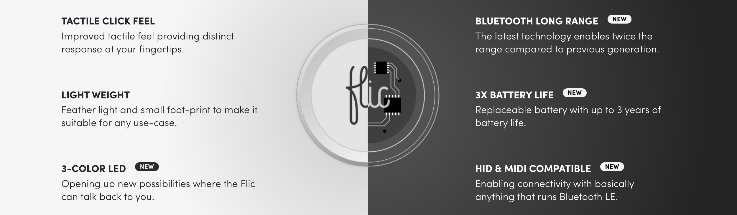 How Does Flic Work: *Tactile Click Feel *Light Wheel *3-Color LED *Bluetooth Long Range *3x Battery Life *HID and MIDI Compatible