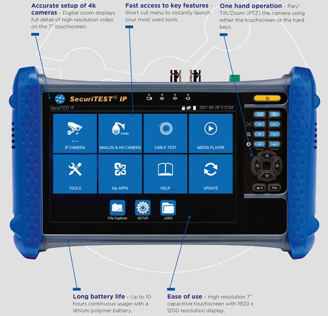 SimplyTest SecuriTEST Tester | How It Works: *Accurate setup of 4K cameras. *Fast access to key features. *One hand Operation. *Long battery life. *Ease of use.