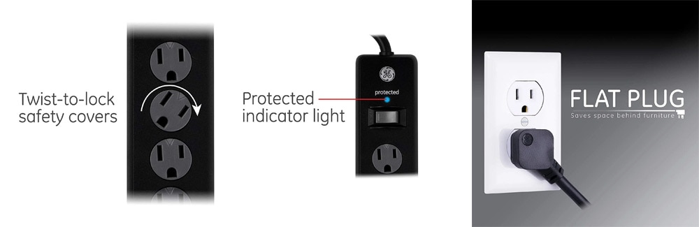 GE 6-Outlet Power Strip: Twist-to-lock safety covers, Protected indicator light. Flat Plug: Saves space behind furniture