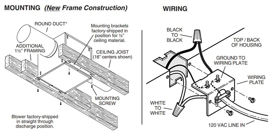 Image of Mounting & Wiring Diagram for NuTone LoSone Select Exhaust Ventilation Fan