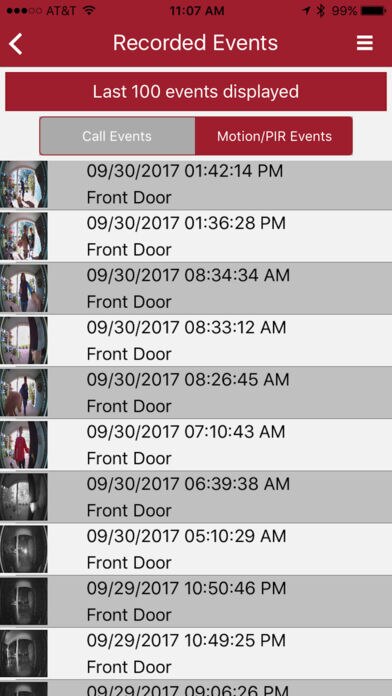 Screenshot of Nutone Knock Video Doorbell History Log on App Interface