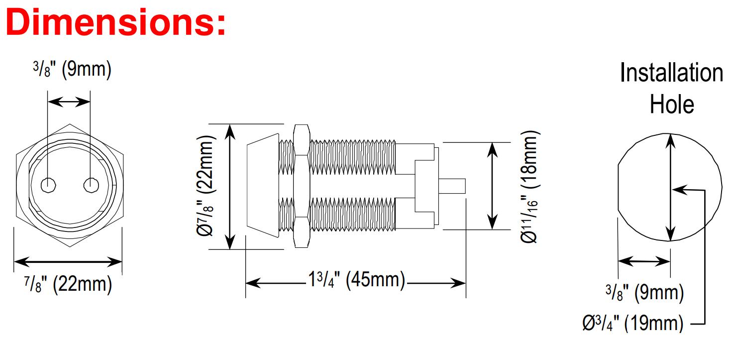 Image showing dimensions for Seco-Larm Enforcer SPST Tubular Key Lock