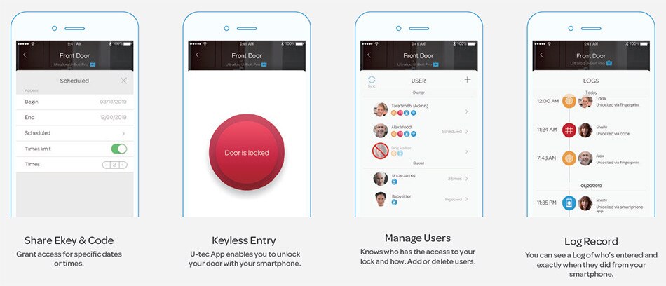 U-tec APP Features: Install the U-tec App (iOS or Android) for a real keyless experience. The U-tec App will literally turn your smartphone into a key and let you manage who can unlock your door and when. The U-tec app gives you complete control by allowing you to share Ekeys and codes with visitors, friends, and family members, plus, add or delete users at any time with no monthly fees. The app also keeps a Log Record so you can easily see what code/Ekey was used and when your smart lock was accessed. You'll also be able to control the lock remotely from anywhere when paired with the Ultraloq Bridge Wi-Fi Adapter (sold separately).