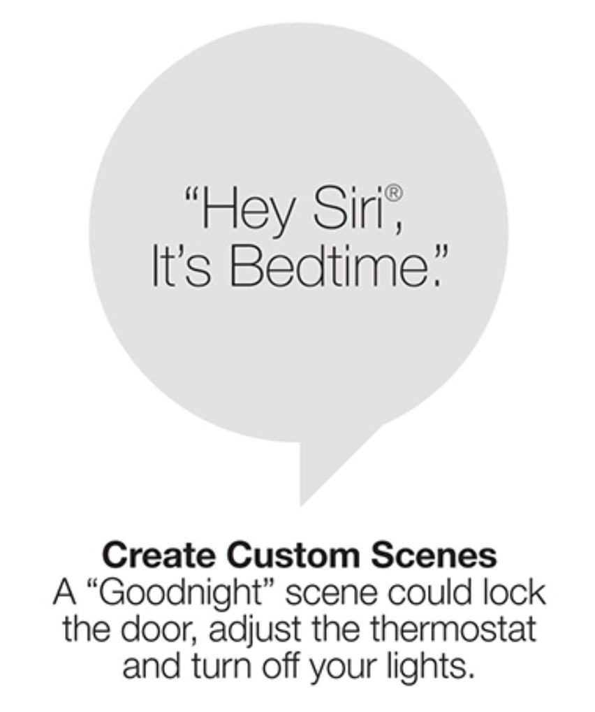 Hey Siri, It's Bedtime. Create Custom Scenes: A 'Goodnight' scene could lock the door, adjust the thermostat, and turn off your lights.